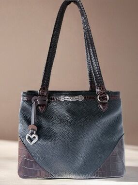 Brighton Leather Tote Handbag in Black and Brown with Heart Charm